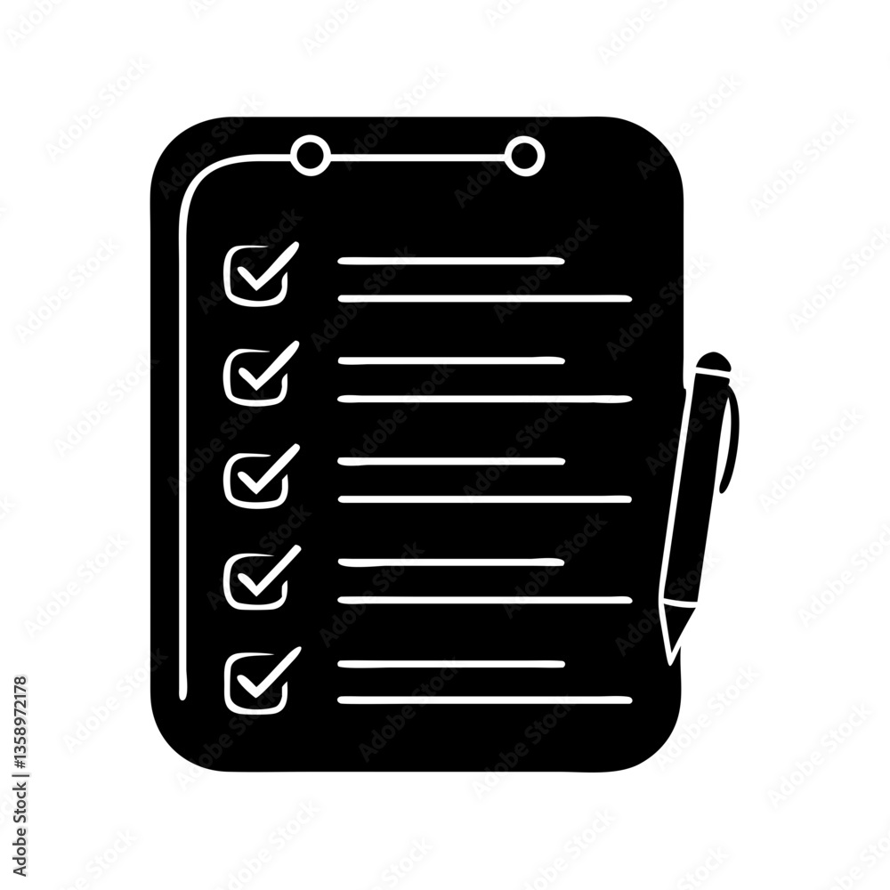 Checklist on clipboard with pen in flat black icon style Checklist on clipboard with pen in flat black icon style