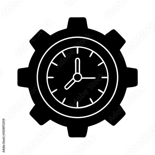 Gear and clock time management icon in black circle