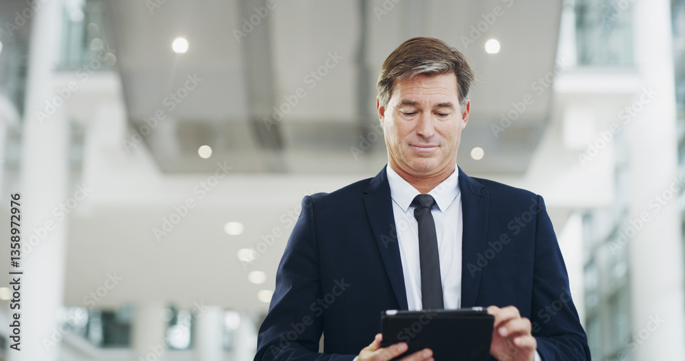 Business, tablet and travel with mature man in airport to read international flight schedule. Check in, planning and walking with passenger at arrival or departure gate for journey or transport Business, tablet and travel with mature man in airport to read international flight schedule. Check in, planning and walking with passenger at arrival or departure gate for journey or transport
