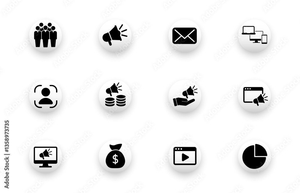 Obraz premium Solid vector icon set with digital marketing, advertising, targeting, social media icons. Web design icons.