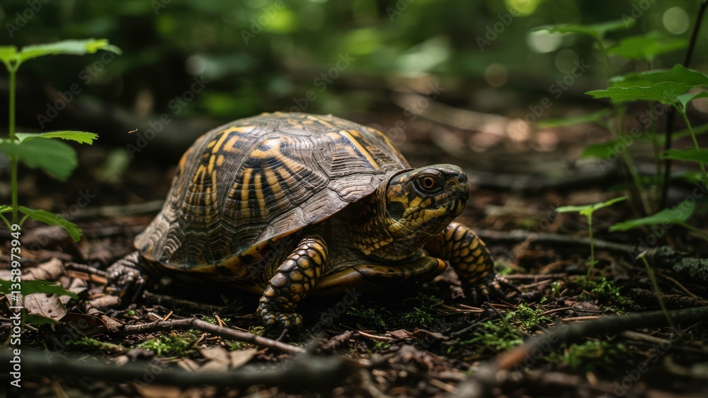 A Eastern Box Turtle sits amongst forest floor, a mossy ground with twig debris and foliage, Focus on wildlife, nature, conservation, and the environment, A Eastern Box Turtle sits amongst forest floor, a mossy ground with twig debris and foliage, Focus on wildlife, nature, conservation, and the environment,