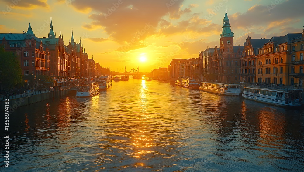 Fototapeta premium Sunset Over a Serene River with Historic Buildings and Towers