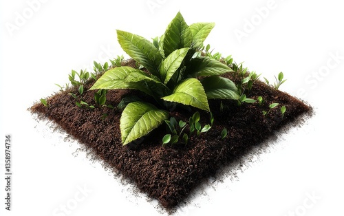 Young succulent plant emerging from square soil patch on white surface symbolizing desert adaptation minimal plant growth biology and eco sustainability in geometric indoor garden setup
