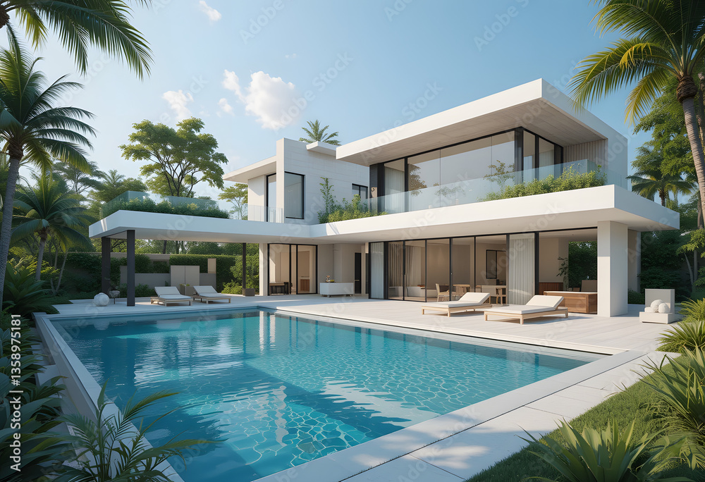 Fototapeta premium Luxury Glass Modern Home With Pool