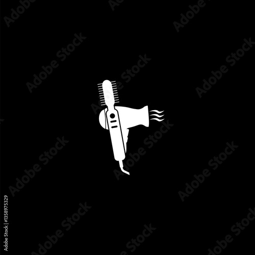 Thermal  hair brush for styling and electric hairdryer icon  isolated on black background.