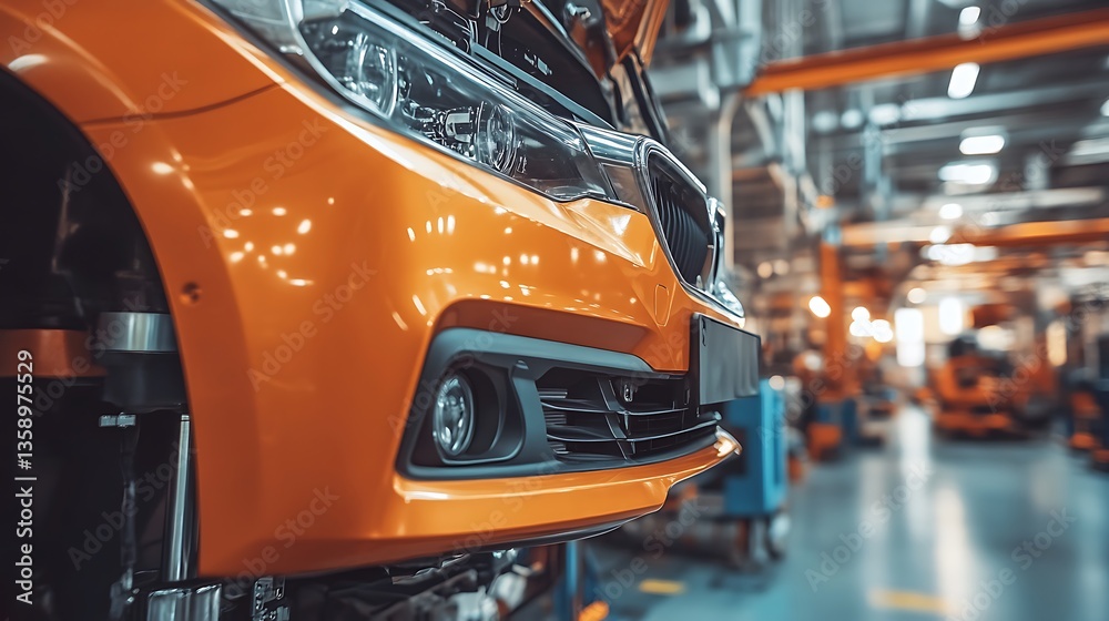 Fototapeta premium Orange car undergoing assembly in factory.