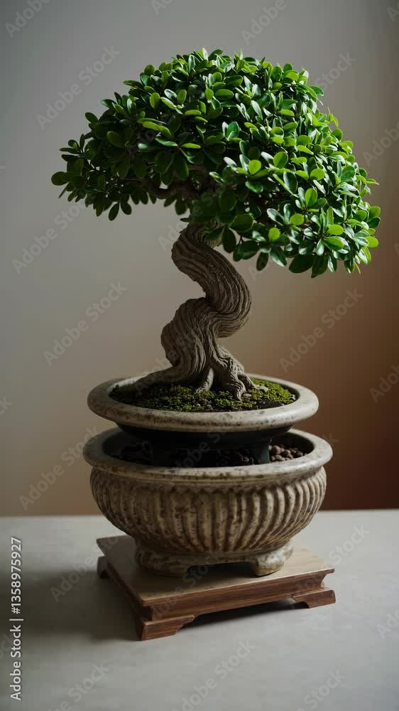 Close-up video shot of a bonsai tree in a rustic pot, showcasing intricate details and vibrant greenery, captured from a slightly elevated angle. Live mobile wallpaper. Close-up video shot of a bonsai tree in a rustic pot, showcasing intricate details and vibrant greenery, captured from a slightly elevated angle. Live mobile wallpaper.