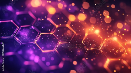 Abstract hexagonal network glowing in vibrant colors, digital background with bokeh
