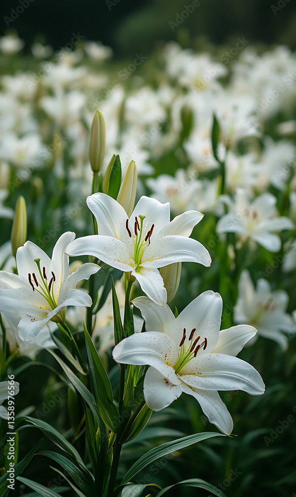 Fototapeta premium beautiful white lily flowers blooming in a lush green spring garden