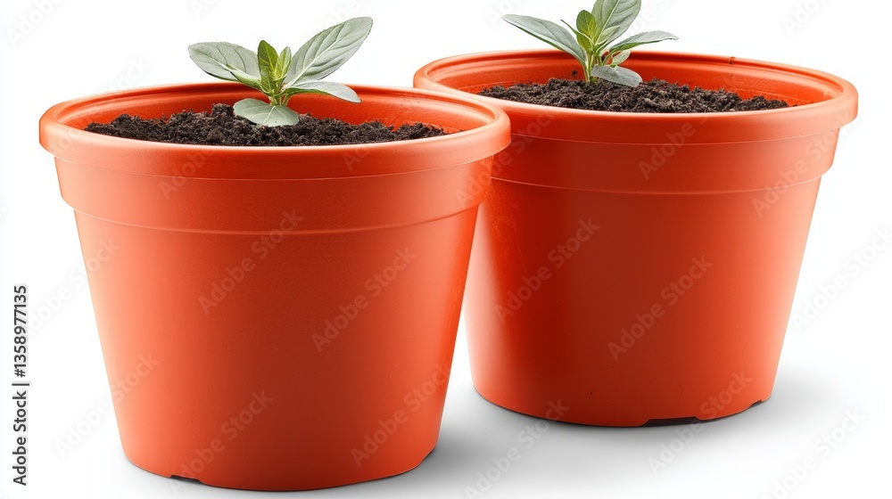 Obraz premium Pair of orange plastic flower pots filled with fresh soil and emerging sprouts isolated on white background representing beginning of plant life indoor gardening and minimal eco decor theme