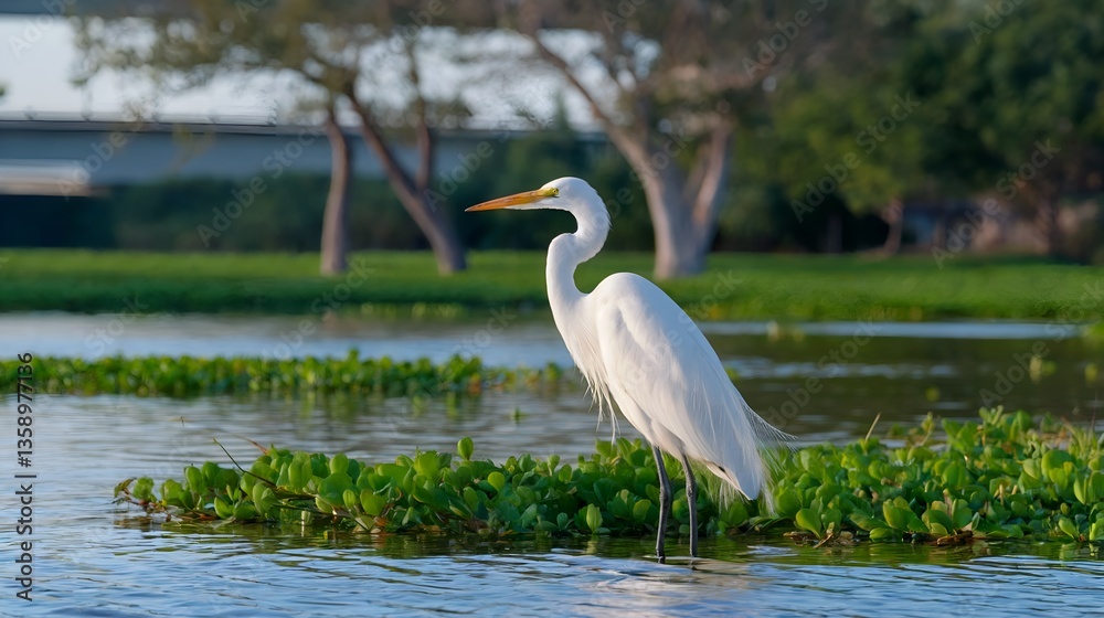 Fototapeta premium This eye-level shot shows a great egret in a swampy area. Its pure white feathers stand out against the greenery and water.