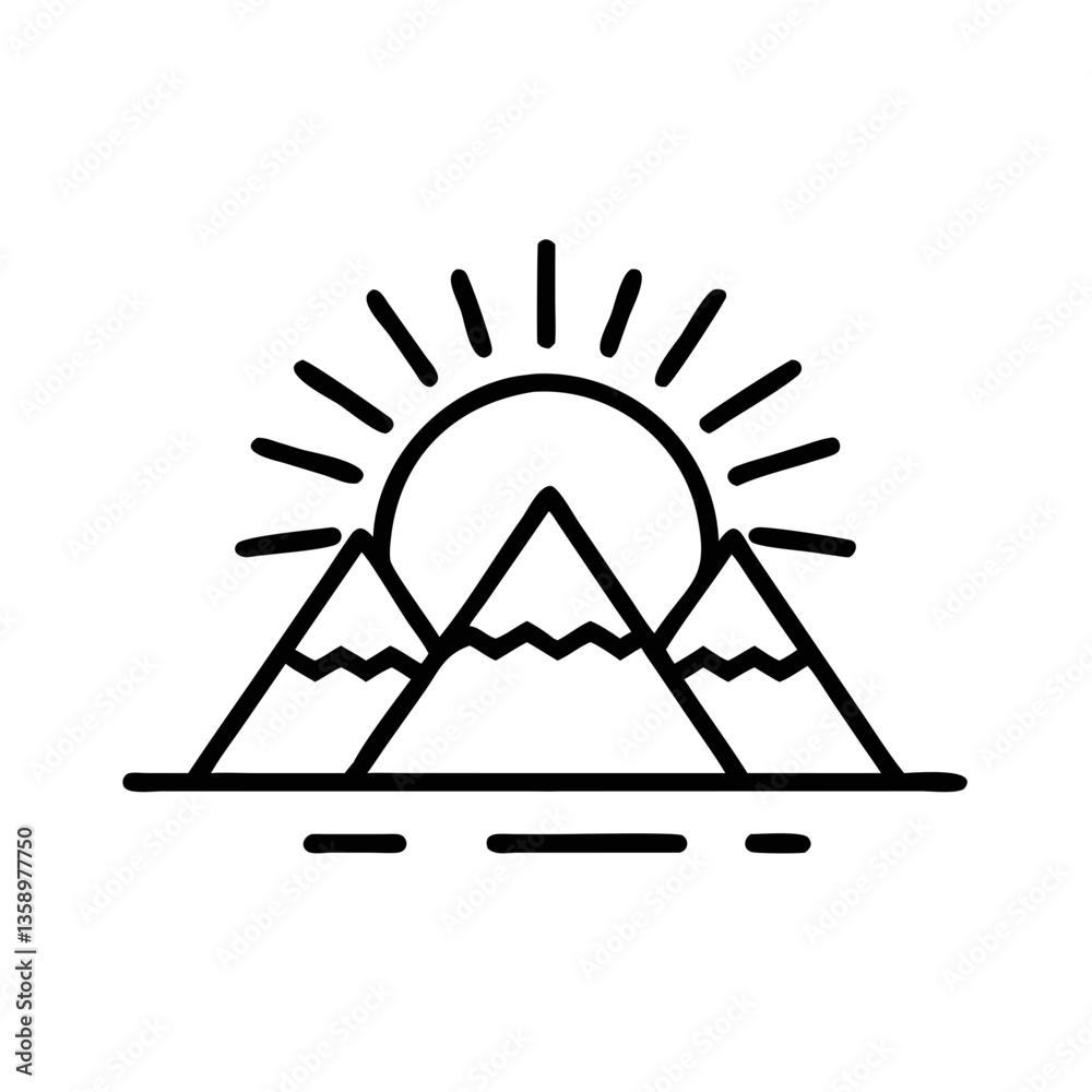 Mountain landscape with sun illustration in minimalist style  