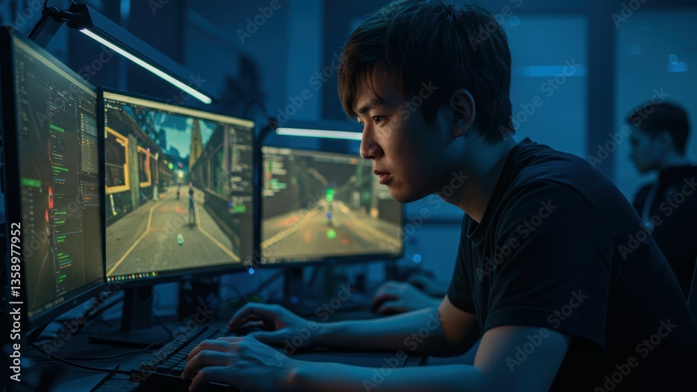 Asian man typing on keyboard in dark room at computer, playing game, esports, coding. Represents technology, future, cyberspace.