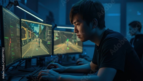 Obraz na płótnie Asian man typing on keyboard in dark room at computer, playing game, esports, coding. Represents technology, future, cyberspace. w salonie