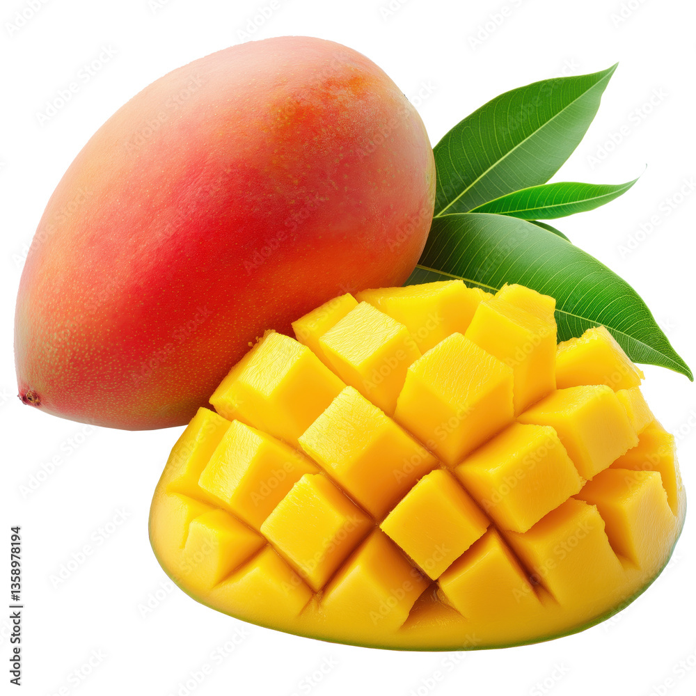 close-up view of a whole, ripe mango with a slightly reddish-orange hue, positioned next to a sectioned mango close-up view of a whole, ripe mango with a slightly reddish-orange hue, positioned next to a sectioned mango