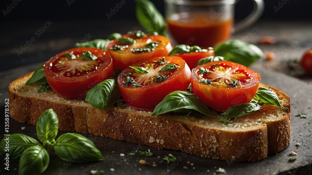 Fresh basil leaves and grilled tomatoes on toasted bread for a colorful and appetizing dish. Fresh basil leaves and grilled tomatoes on toasted bread for a colorful and appetizing dish.