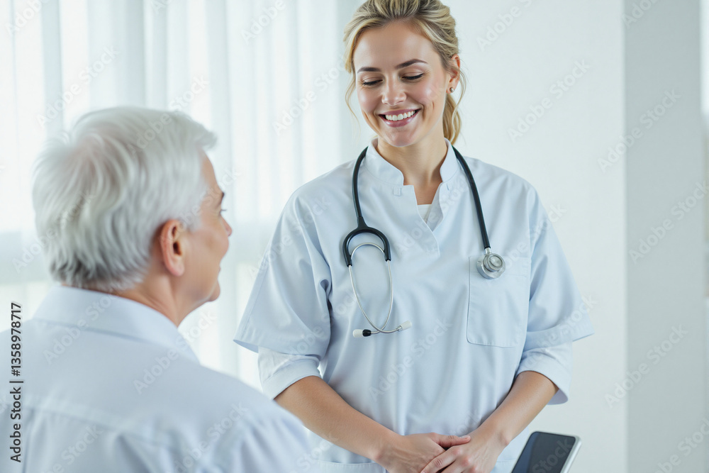 Smiling doctor interacting with senior patient in bright clinic Smiling doctor interacting with senior patient in bright clinic