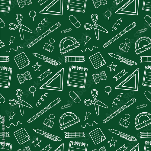 Seamless pattern with hand drawn outline child stationery. Cute kids back to school line elements on chalkboard background. Vector illustration
