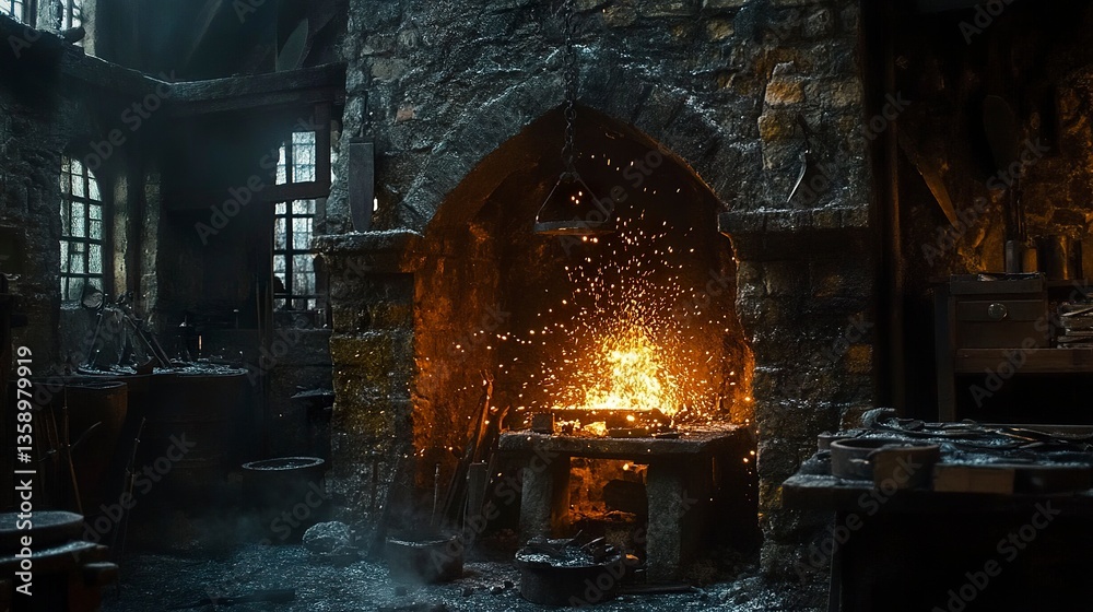 A medieval blacksmith at work forging a glowing blade over a roaring fireplace sparks flying in the dimly lit workshop. A medieval blacksmith at work forging a glowing blade over a roaring fireplace sparks flying in the dimly lit workshop.