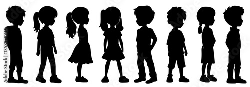 Silhouettes of joyful children playing, walking, and having fun. A vector illustration showing happy boys and girls in active poses. Perfect for childhood, youth, and playful themed designs
