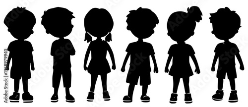 Silhouettes of joyful children playing, walking, and having fun. A vector illustration showing happy boys and girls in active poses. Perfect for childhood, youth, and playful themed designs