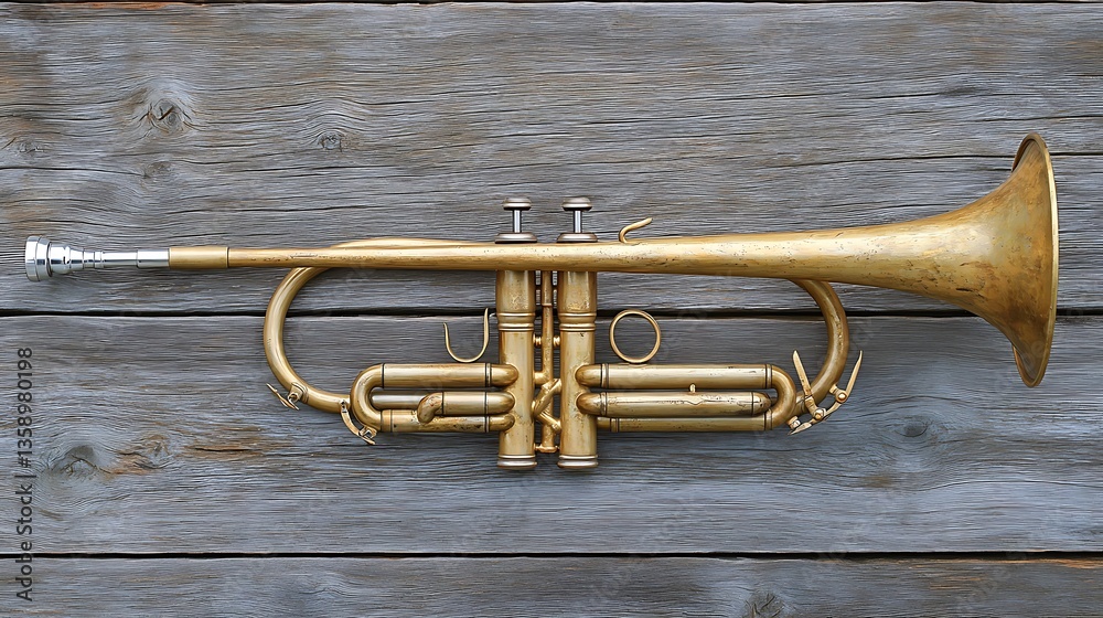 Fototapeta premium Antique gold trumpet on wooden surface.