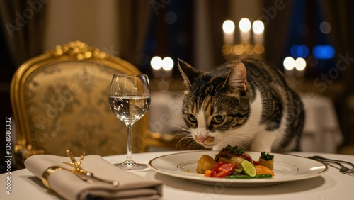 Obraz na płótnie Striped Tabby cat eyeing gourmet meal on restaurant table. Elegant dinnerware, water glass, candlelight create luxury atmosphere. Indulgence, pet behavior, fine dining concept. w salonie