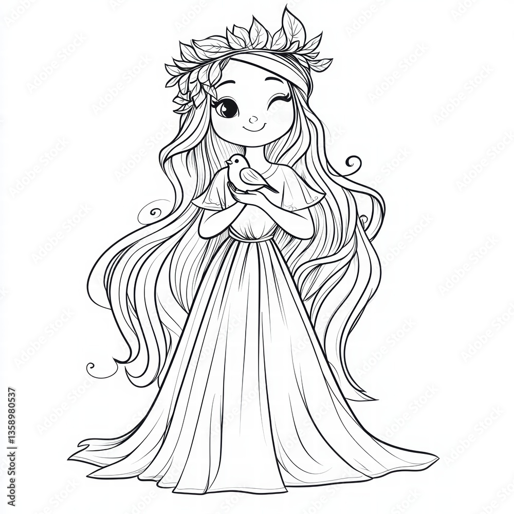 Enchanting Maiden with a Bird: A whimsical illustration of a maiden, adorned with a floral crown and holding a gentle bird, radiates a sense of peace and charm. Enchanting Maiden with a Bird: A whimsical illustration of a maiden, adorned with a floral crown and holding a gentle bird, radiates a sense of peace and charm.