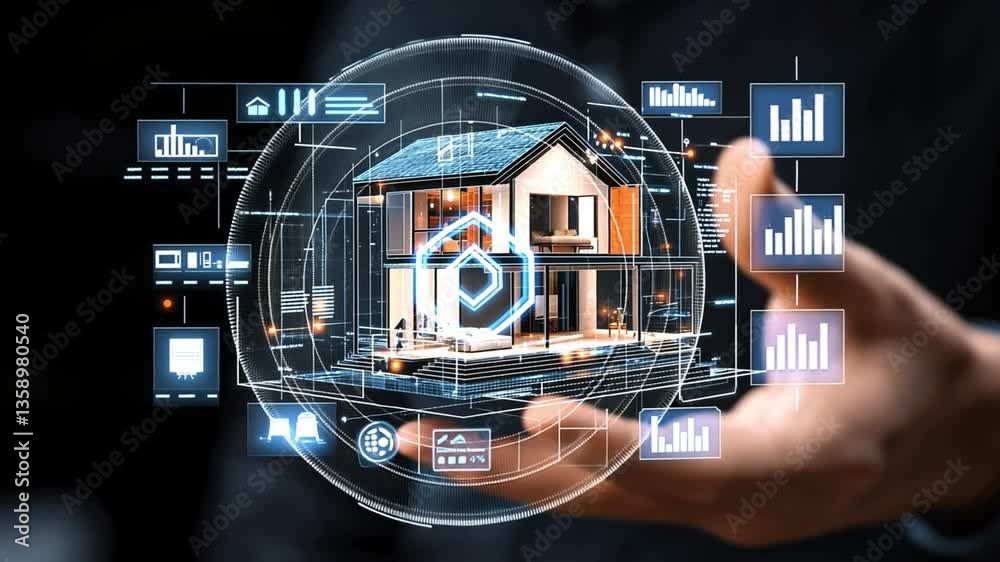 Smart Home Tech: A futuristic depiction of a house enveloped in digital interface, with intricate data streams highlighting smart home technology and real estate concepts