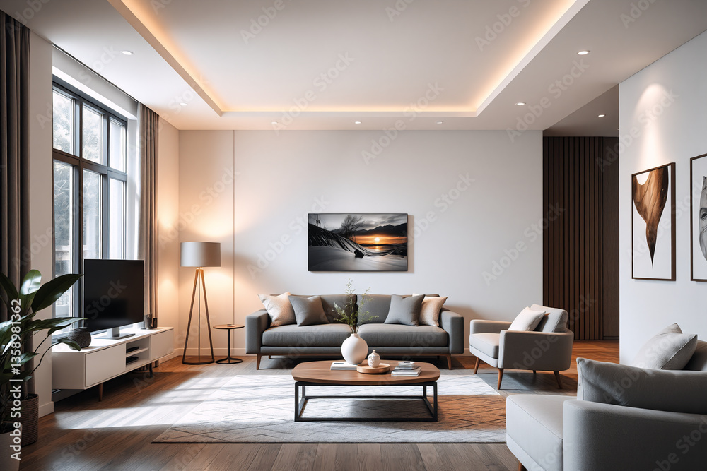 Fototapeta premium Modern living room with a gray sofa, armchairs, and a wooden coffee table. Artwork hangs above the sofa, and a TV stands near a large window. Warm lighting enhances the cozy ambiance of the interior s