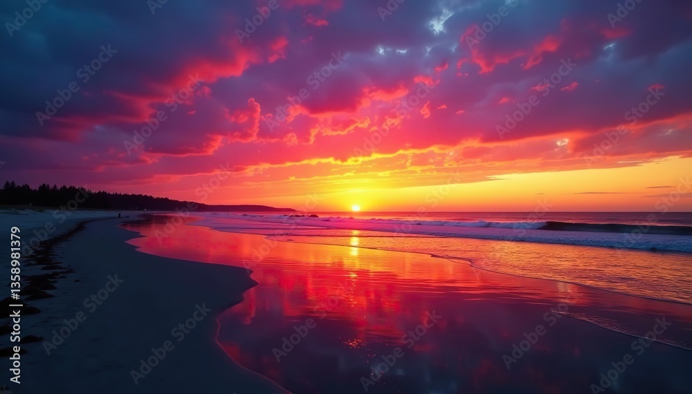 Fototapeta premium Vivid sunset colors reflecting on calm water at the beach in the Baltic Sea, coastline, horizon