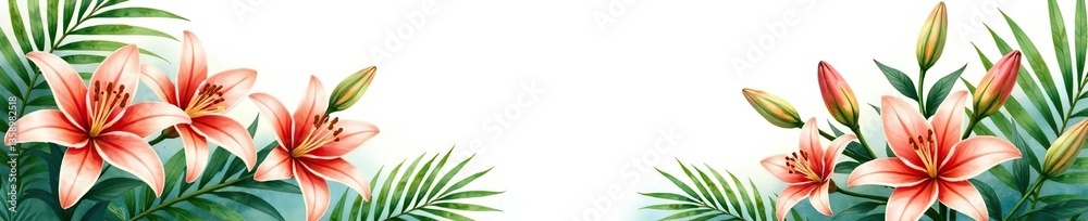 Obraz premium Watercolor painting of blooming lilies and palm leaves in jungle setting, white background, creative design space, jungle plants, botanical