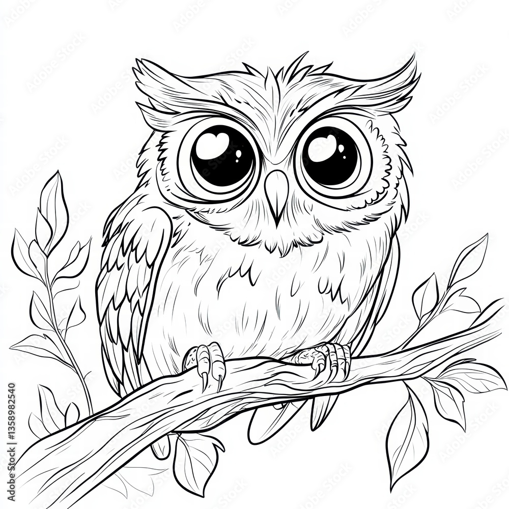 Fototapeta premium Wise Owl Perched: A charming black and white illustration of a curious owl with large, expressive eyes perched on a branch, ready to share the secrets of the night.