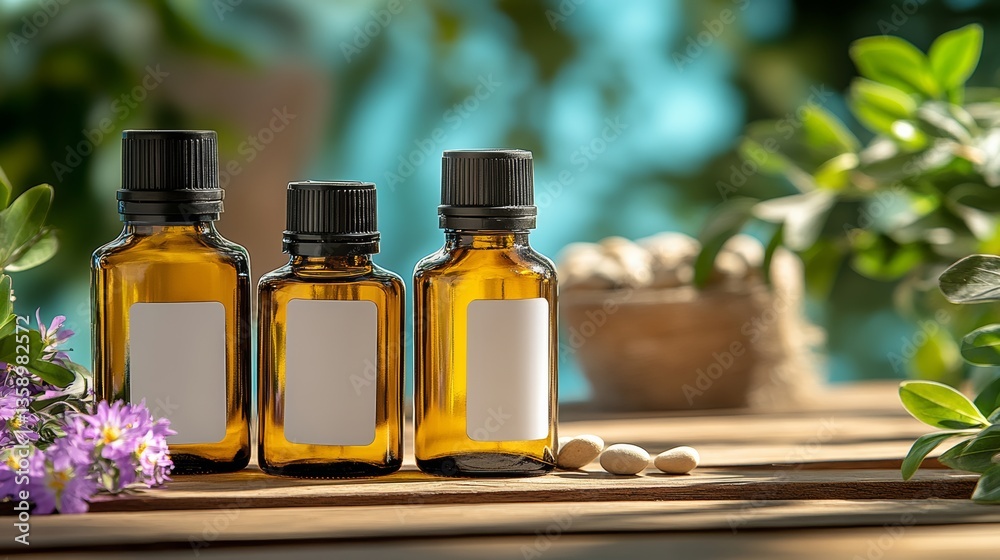 Three bottles of essential oils are displayed on a wooden table
