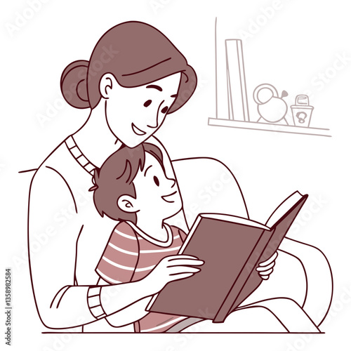 Mother and Child Reading Storybook, Cozy Family Time. Perfect for: Mother's Day, World Book Day, Bedtime Routine, Parenting Blogs