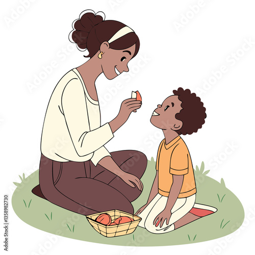 Mother and Child Having a Picnic, Happy Outdoor Family Time. Perfect for: Mother's Day, Family Day, Outdoor Picnics, Spring and Summer Events