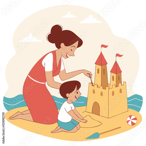 Mother and Child Building Sandcastle, Fun Beach Moment. Perfect for: Summer Holidays, Family Vacations, Beach Days, Travel Campaigns