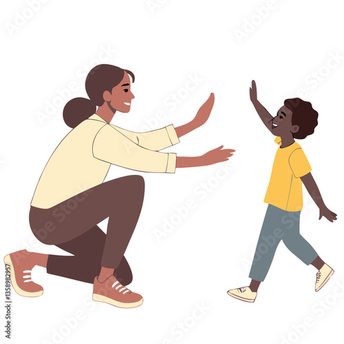 Mother Welcoming Running Child with Open Arms, Loving Bond. Perfect for: Mother's Day, Family Day, Parenting Blogs, Childcare Services