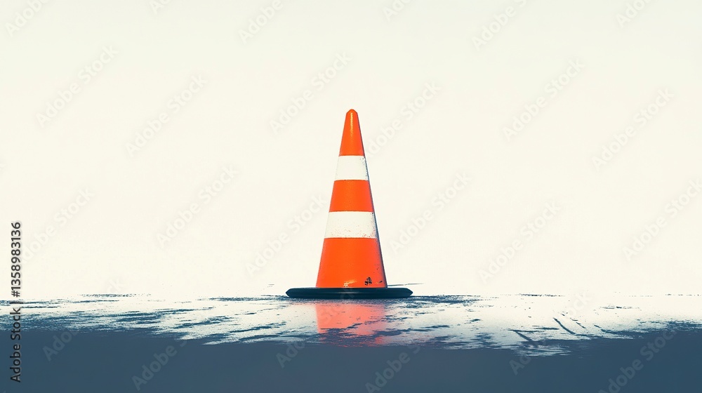 Naklejka premium A minimalistic depiction of an orange traffic cone with a single white stripe, highlighted by its sturdy black base, centered on a white backdrop