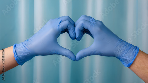 Two hands in blue medical gloves create a heart shape, against a light blue curtain background. This image likely symbolizes care, compassion, and support within a medical or healthcare context.