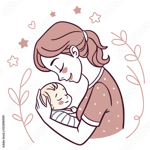 Mother Rocking Baby to Sleep - Vector Illustration. Perfect for: Mother's Day, Bedtime Routines, Parenting Blogs, Baby Care