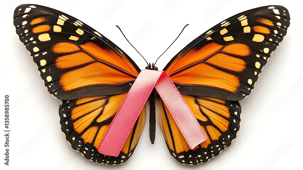 Fototapeta premium Pink ribbon on monarch butterfly.