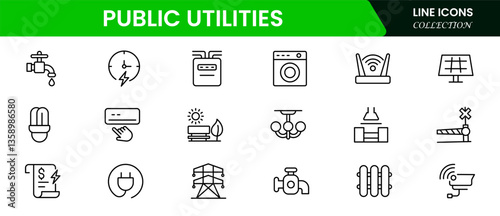 Public utilities icon collection set. power, gas, and water. Signed thin line icons collection.