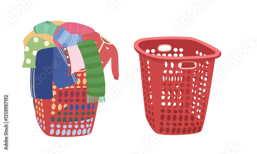Blank and filled laundry basket vector set in cartoon style. Plastic basket of dirty clothes clipart. Laundry equipment. Vector illustration in flat design.