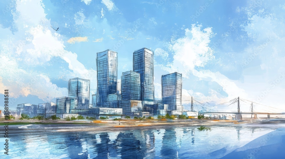 Fototapeta premium Realistic hand drawn sketch of a contemporary urban skyline with detailed architecture