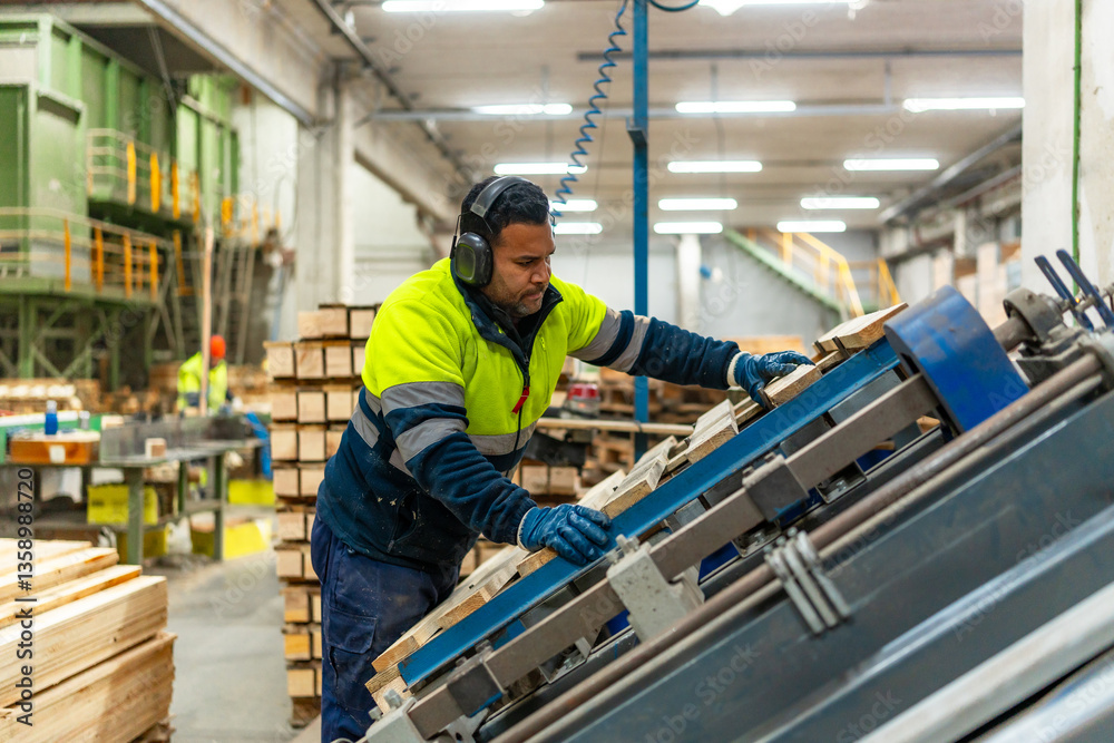 Worker of a recycling plant repairing a pallet for reuse Worker of a recycling plant repairing a pallet for reuse