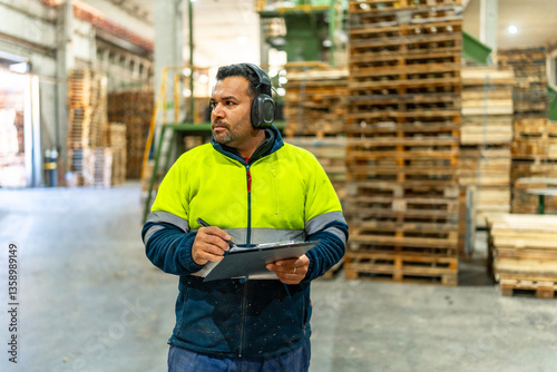 Man writing notes to clipboard in a carpentry recycling plant
