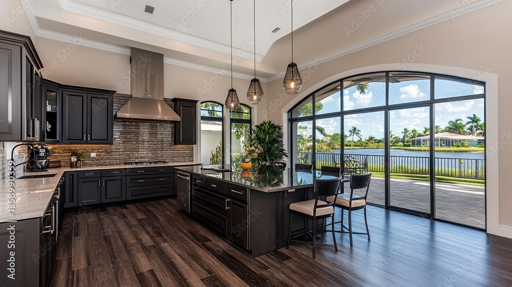 A modern kitchen interior in Florida, with dark wooden floors contrasting with sleek black counters, high-end fixtures, and large windows for natural light.