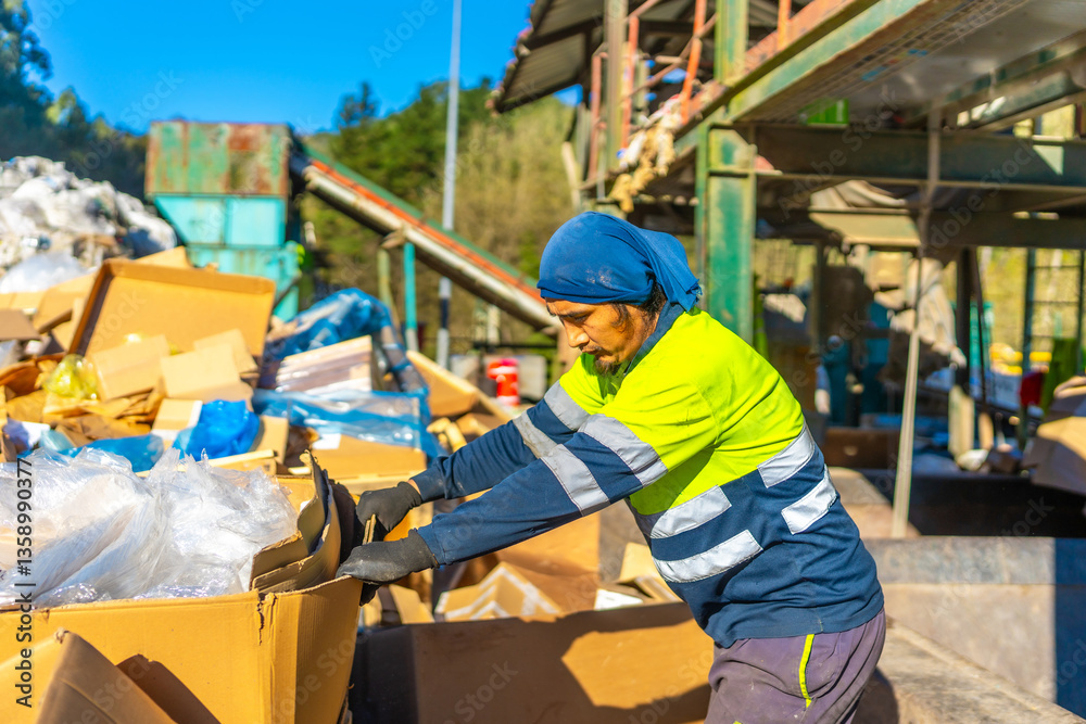 Fototapeta premium Man separating materials outside a recycling plant