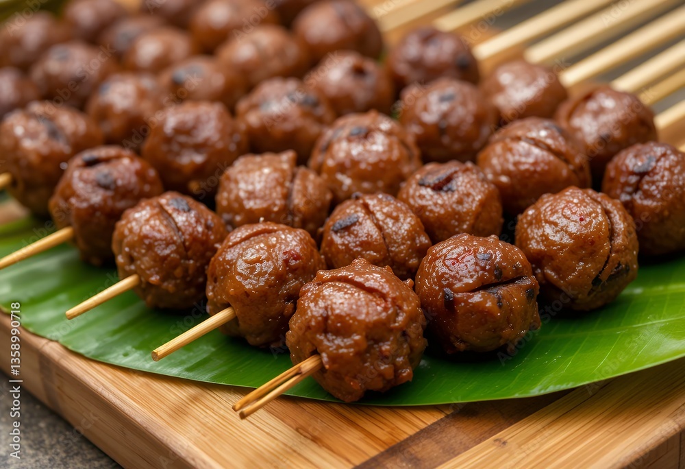 Fototapeta premium Exotic Culinary Adventure: Skewered Meatballs on a Vibrant Tropical Leaf Display